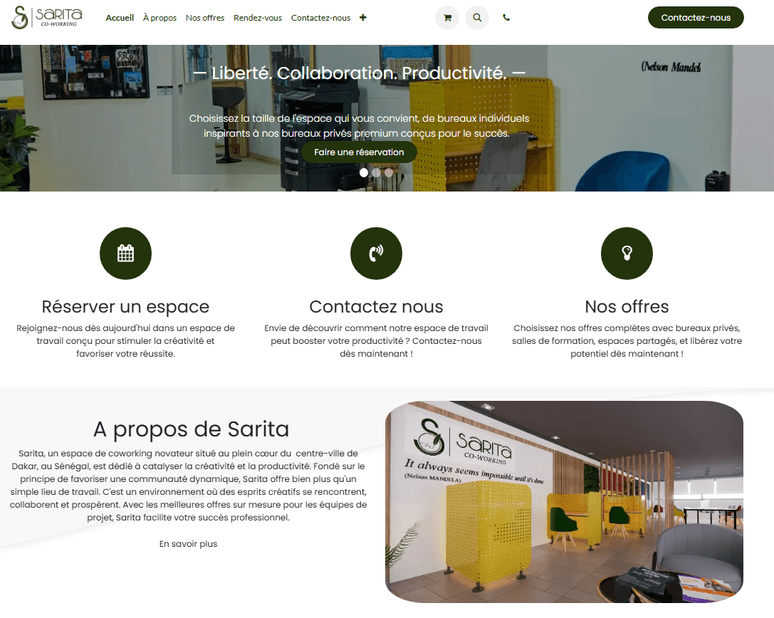 Capture d'écran du site Sarita Coworking